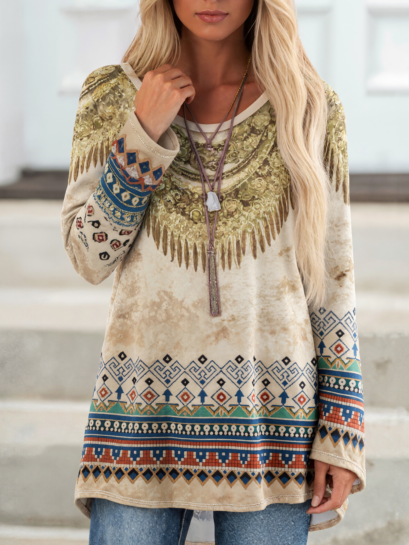 Autumn New Women's Casual Ethnic Style Long Sleeve T-Shirt, Milk Silk Lightweight Versatile Top, S-XXL Khaki--CF43374