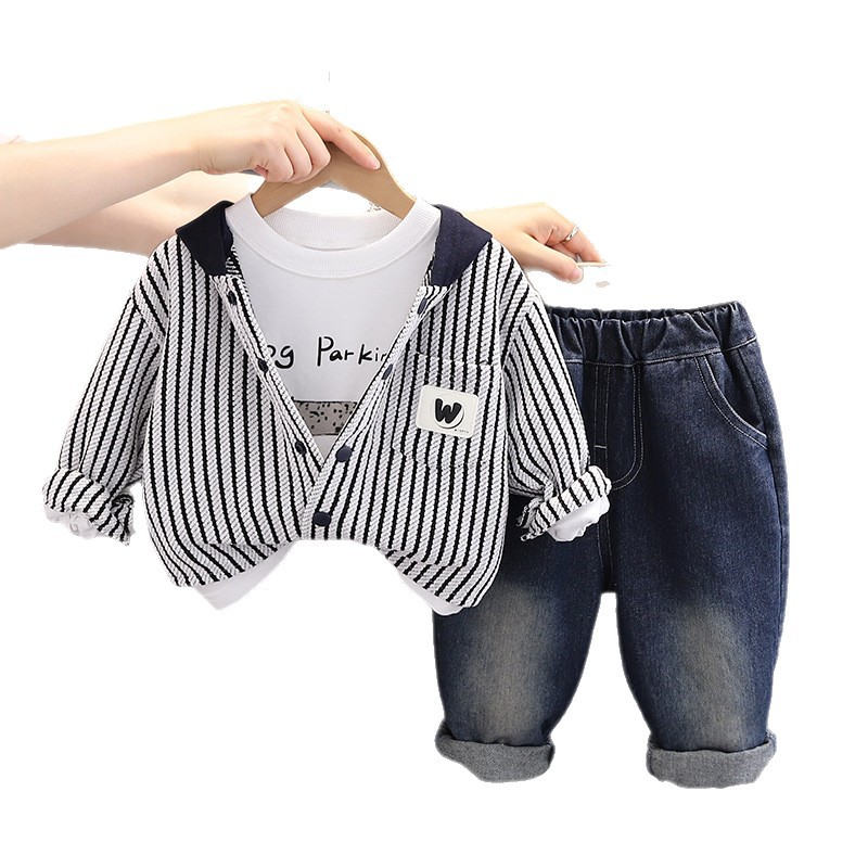 Toddler Boys 3-Piece Set, Striped Hooded Cardigan and Jeans for Spring & Autumn