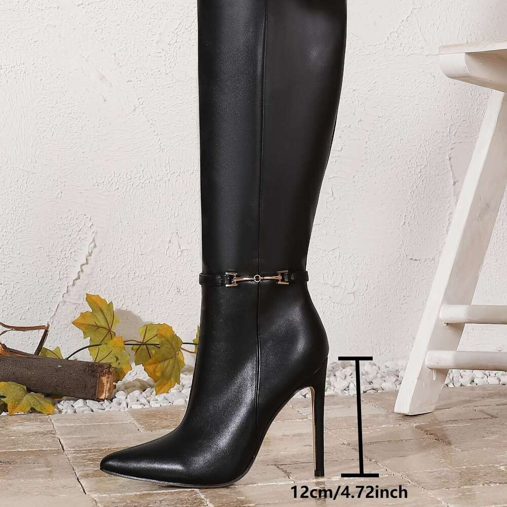 Women's Black High-Heel Knee-High - Stylish Pointed Toe, Closure, Synthetic, Ultra High Heel, Fashionable For Parties And Events, Formal Footwear