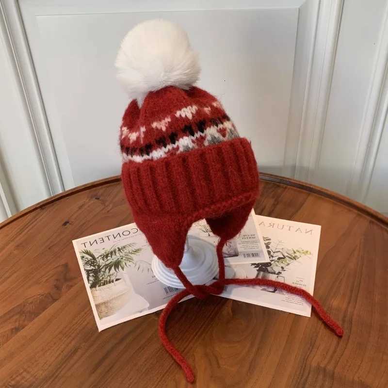 Kids Knit Hat with Ear Flaps Winter Warm Pom Beanie Ethnic Pattern 28Y Children Boys Girls Thermal CapL251024