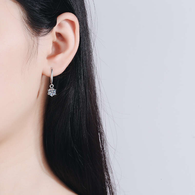 DHCollections-- S Pure Sier Ear Hooks for Women Six-Prong Moissanite Earrings Jewelry Plated with PT950 Gold Straight