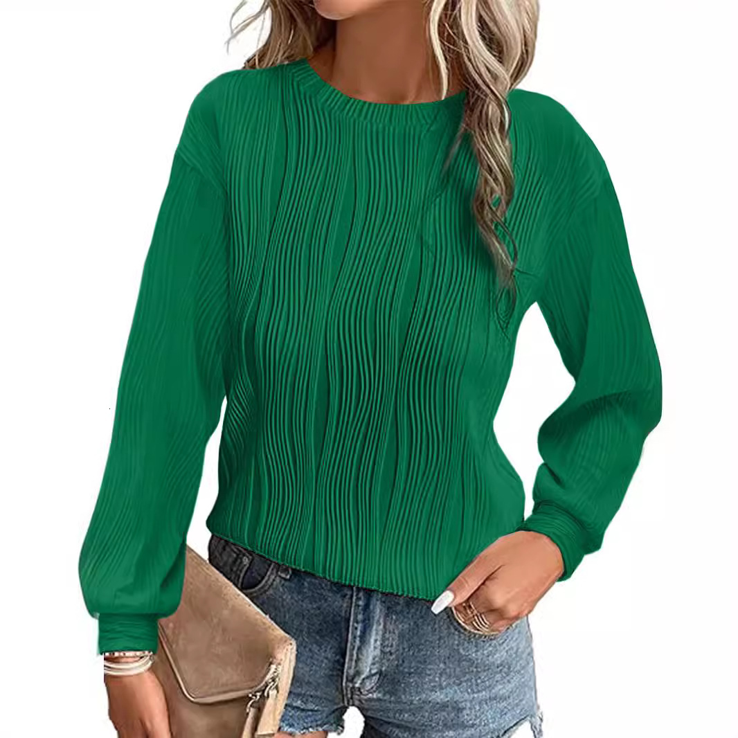 2025 New Women's Drop Shoulder Long Sleeve Textured Round Neck Knitted Solid Color Loose Casual Sweatshirt