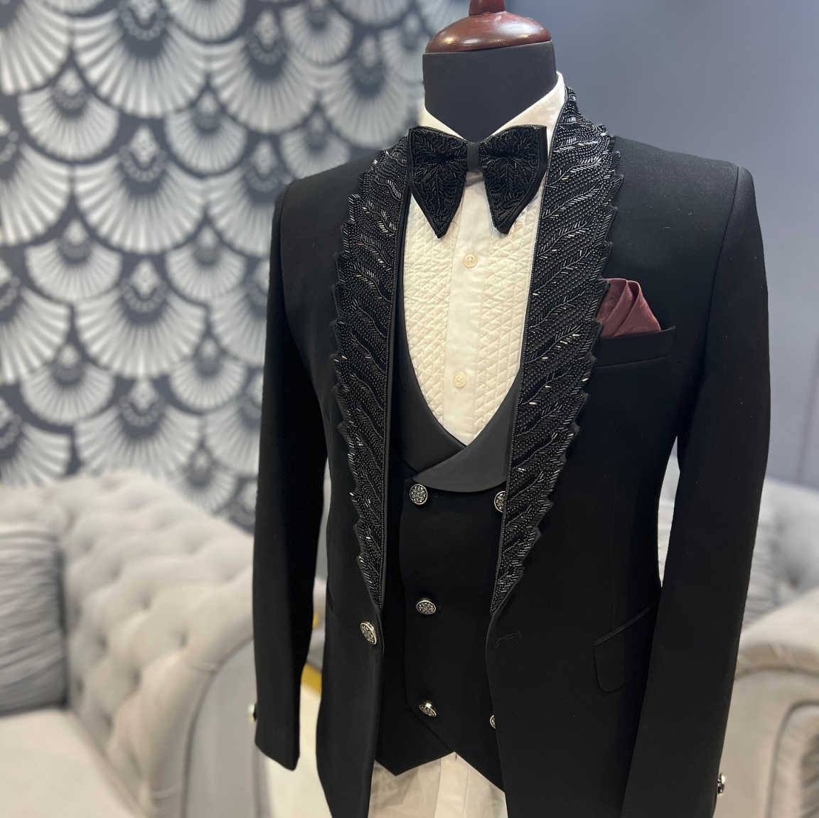 Fashion Men's Groom Wedding Tuxedos Shawl Lapel One Button Pant Sets Beadeds Classic Fit 3 Pieces Customized Outfits