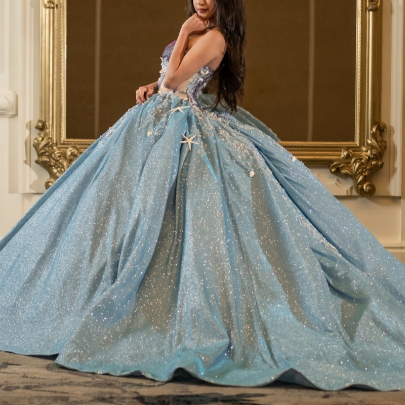 Blue Shiny Quinceanera Dresses Ball Gown Off The Shoulder Applique Beading Crystal Corset Tull Party Birthday Sweet 16 Dress Vestidos 15 De Anos