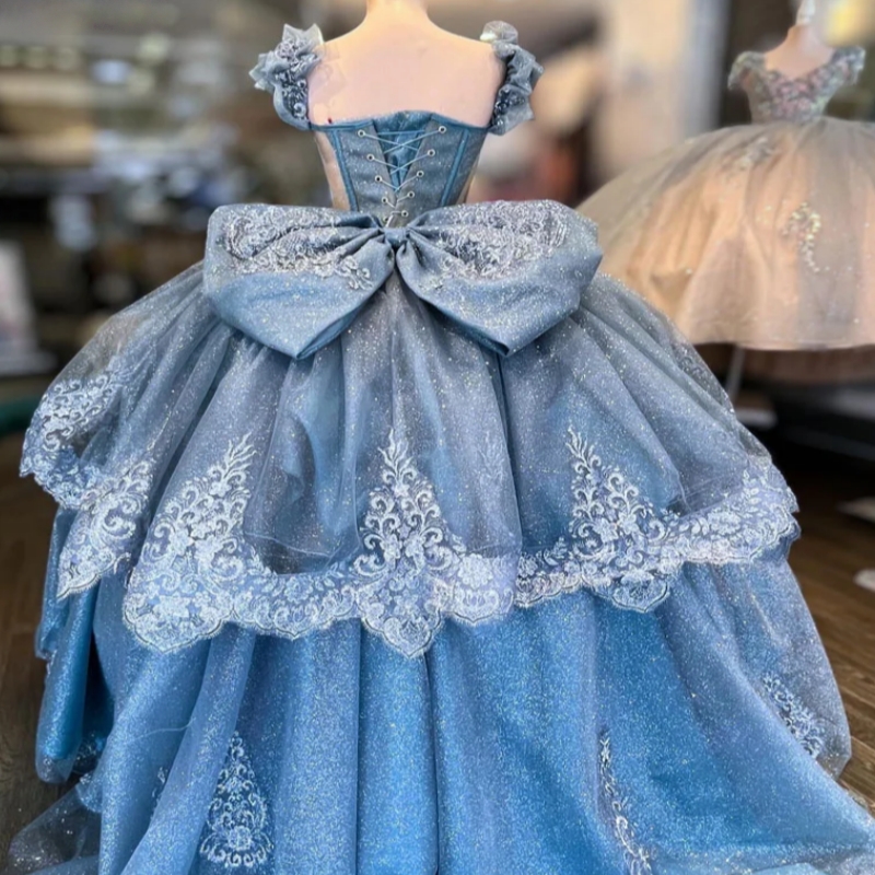 Blue Shiny Quinceanera Dresses Girls Off Shoulder Luxury Tassel Sweet 15 16 Prom Dress Glitter Applique Bow Beaded Ball Gown