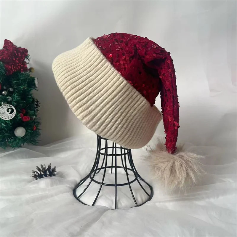 Santa Hat Christmas Hats Xmas Party Hat Red Glitter Knitted Beanie Hat For Adult Women Men Year Decor Party Supplies 251023