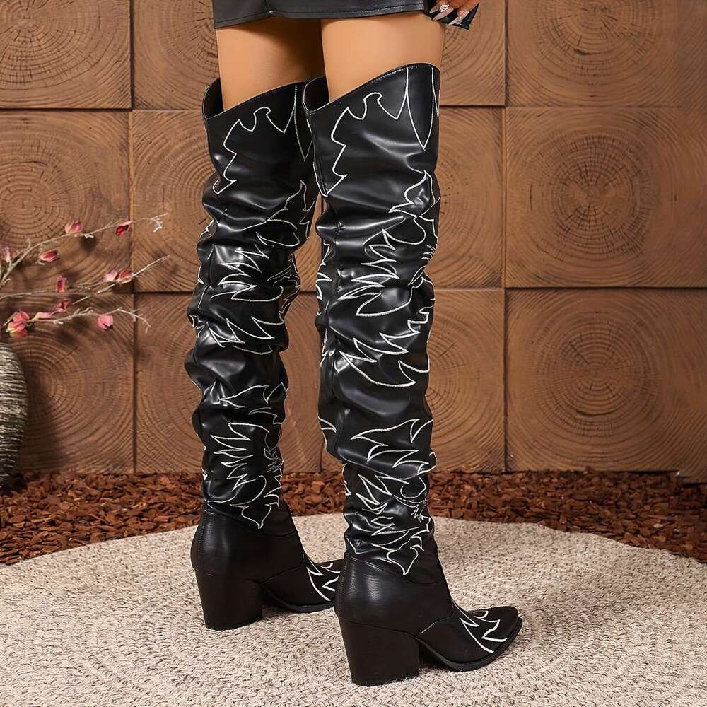 Women's Retro Embroidered Over-The-Knee Boots - Slip-On Chunky High Heel, Toe, Faux Cover With Fabric Lining Rubber Sole For Music Festivals & Bo