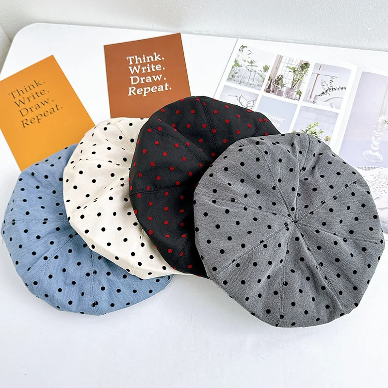 Korean Niche Polka Dot Printing Berets Cap for Women Spring Summer Thin Breathable Versatile Retro Literary Painter Hat 251023