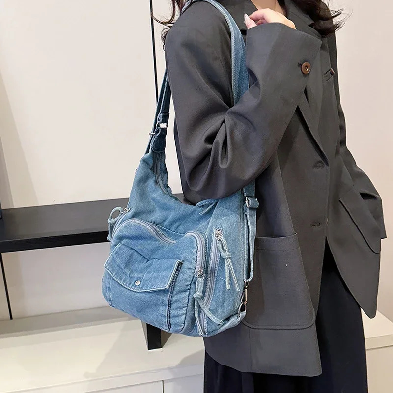 Solid Color Denim Trendy Shoulder Bag for 2025 High Quality Fashion Zipper Large Capacity Versatile Womens Crossbody Bag 251023