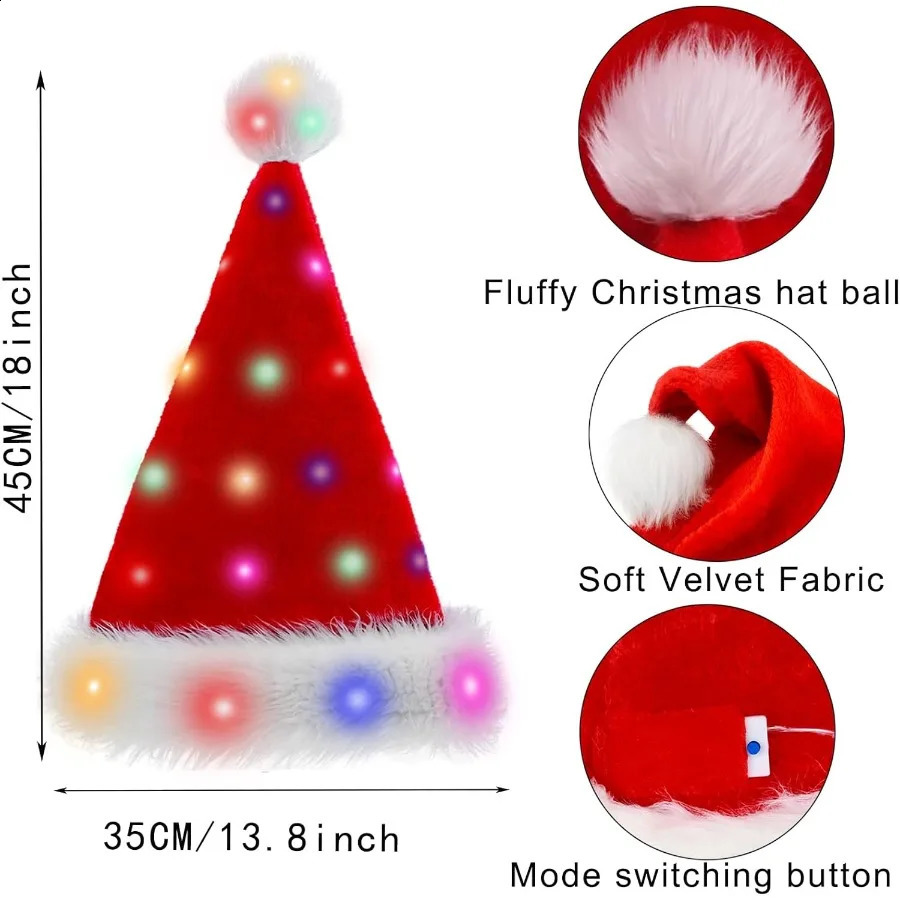 Light Up Christmas Santa Hat Red Velvet Xmas Costume Hats for Adult Women Men Party Holiday Unisex Year Festive Headwear wi 251023