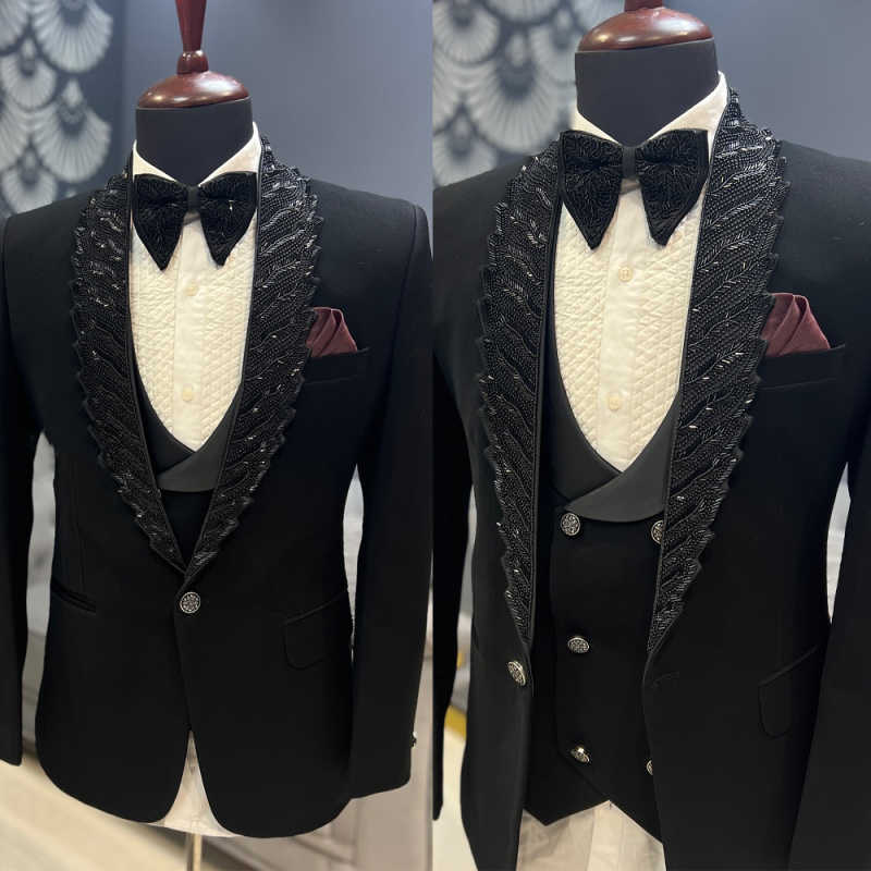 New Luxury Beaded Men's Suit Slim Fit 3 Pieces Blazer Pants Vest Shawl Lapel Wedding Groom Tuxedo Banquet Party Customized