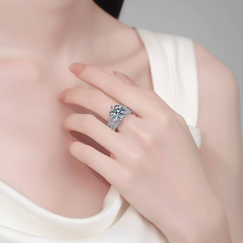 GRA S925 Sterling Silver Gold Plated Luxury Extra Large 5CT Moissanite Diamond Three Row Six Prong Twist Ring Engagement