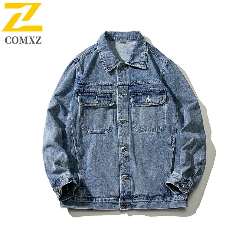 COMXZ Mens Cotton Denim Jacket Vintage Street Fashion Blue Washed Jackets Premium Y2k Harajuku Style Spring Autumn Coat 251017