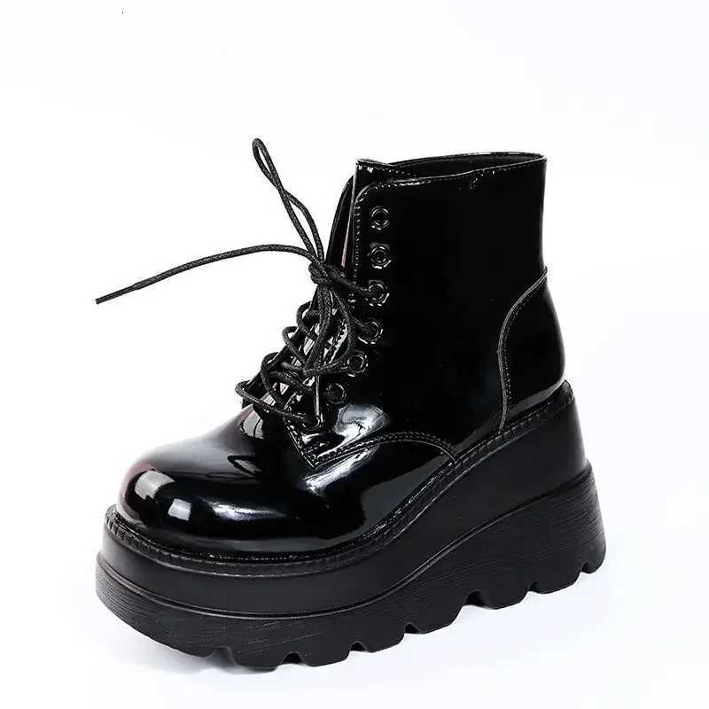 Women Boots High TopThick Sole Winter Slope Heel Lace Up Ankle Boots Women Shoes Bright Black Light Bling Black Chaussure Femme W251024