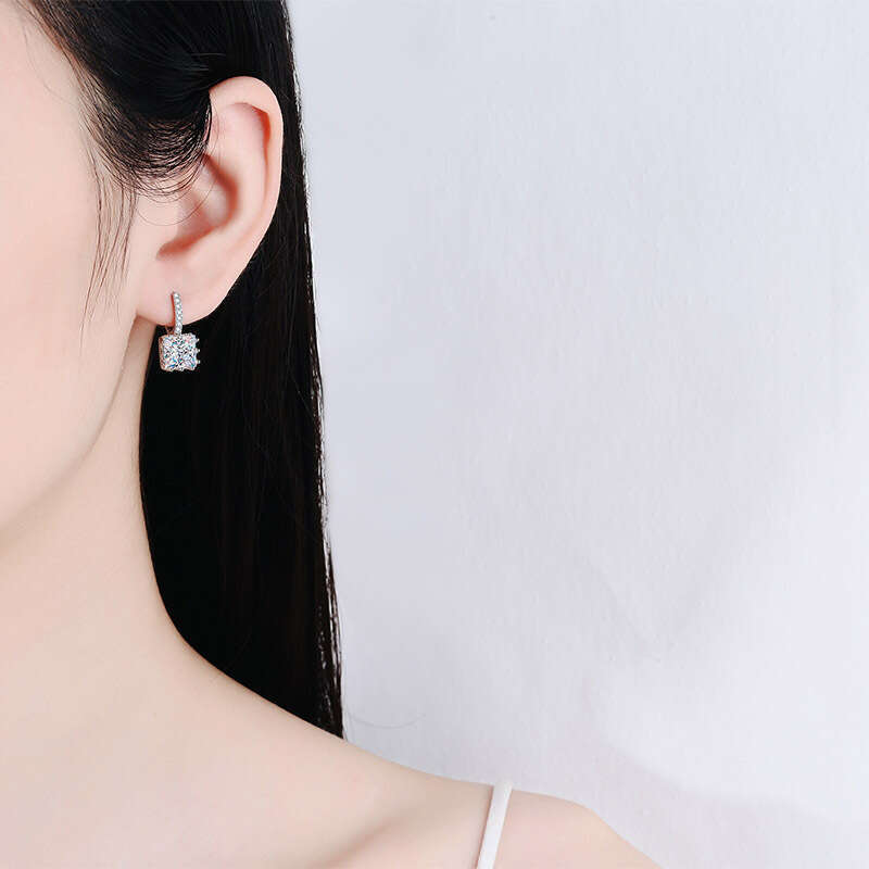 DHCollections-- Sterling Sier Earrings for Women Princess Cut Moissanite Clips Plated with PT950 Gold Ear Jewelry