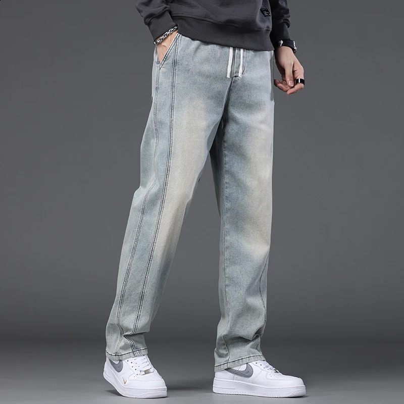 Autumn Winter Blue Jeans Men Drawstring Elastic Waist Cotton Cargo Denim Pants Work Fashion Thick Trousers Male Plus Size M4XL 251018