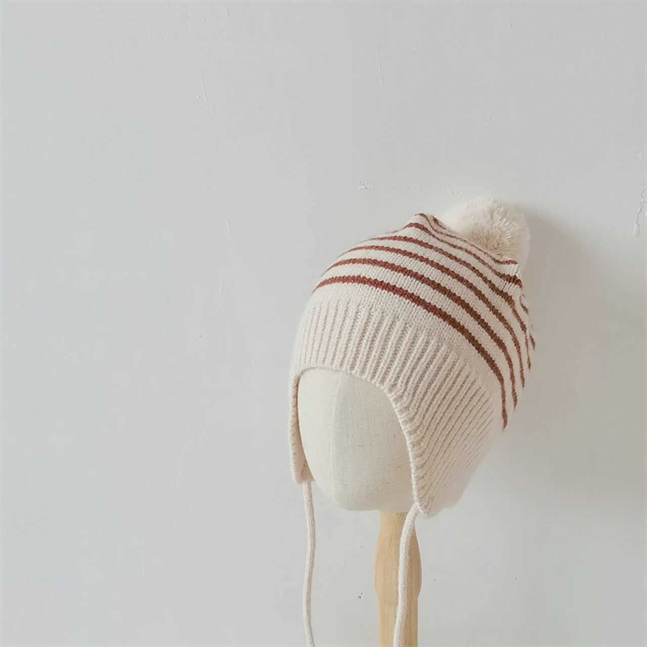 Fashion Striped Children Ear Protection Hat Solid Color Woolen Knit Hat 26Year Kids Winter Warm Pullover Cap Plush Ball BeaniesL251024