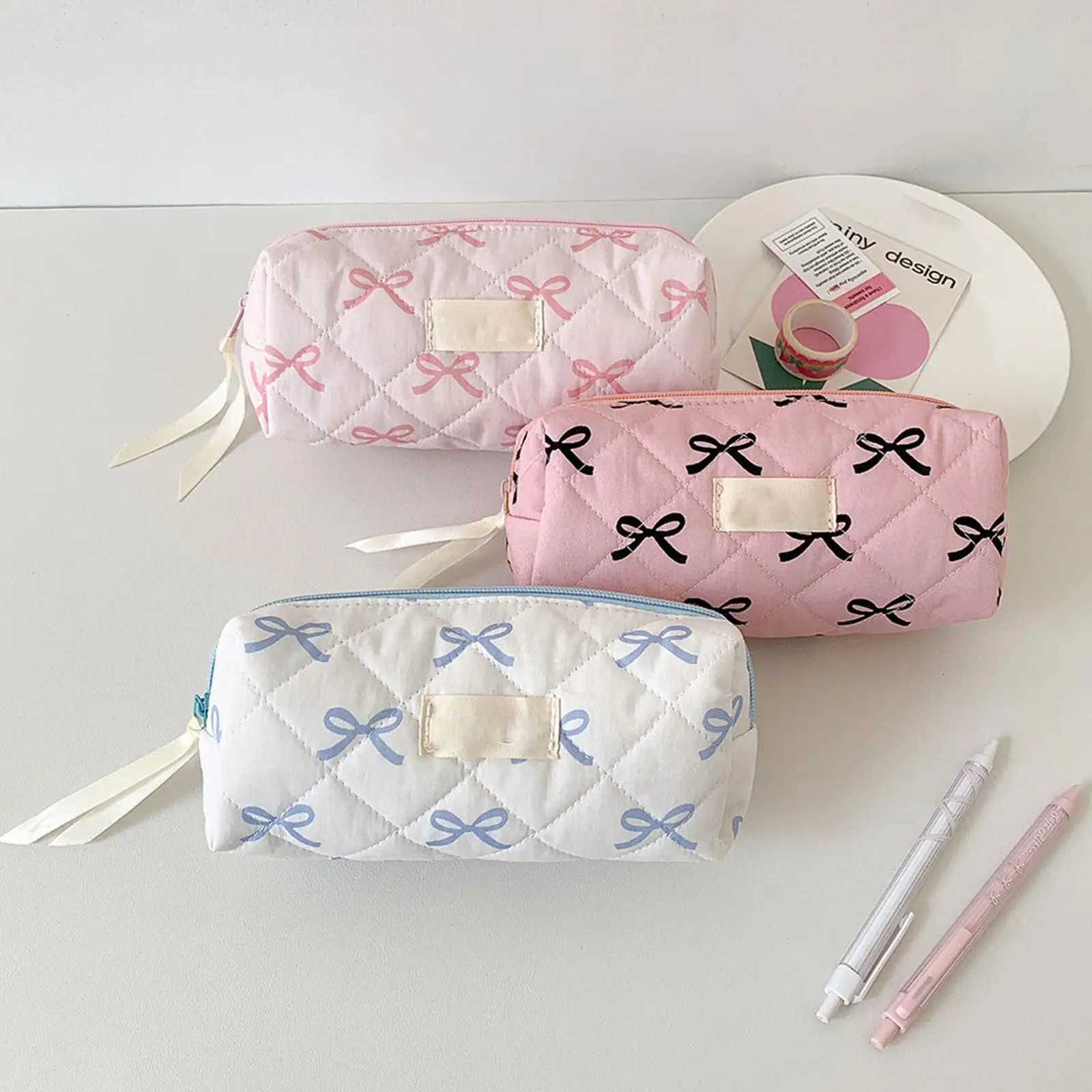 1pcs Fashion Simple Bow Women Travel Storage Bag Cute Design Girl Pencil Case Makeup Bag Retro Ladies Cosmetic BagT251024