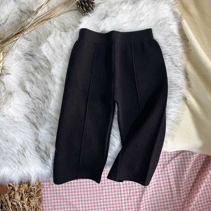 Kids Girls Knitted Casual Pants Loose Autumn Winter Outwear Trousers Black Gray Apricot Wide Leg Pants 2024 New Korean StyleT251024