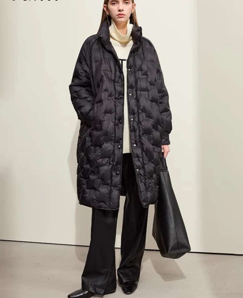 2025 Winter Down Coats Women New Warm Stand Collar Loose Raglan Sleeve Office Lady Long Jackets Coats Designer Women