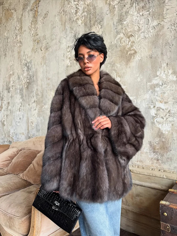 Women Elegant Fur Coat Bell Sleeve Lapel Suede Surface Girdle Coats Unique Temperament 2025 Winter High Street 251013