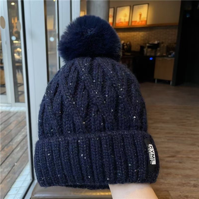 New Korean Style Sequin Hat Women, Thickened Warm for Autumn and Winter, Cute Pom-Pom Versatile Knitted Hat, Trendy