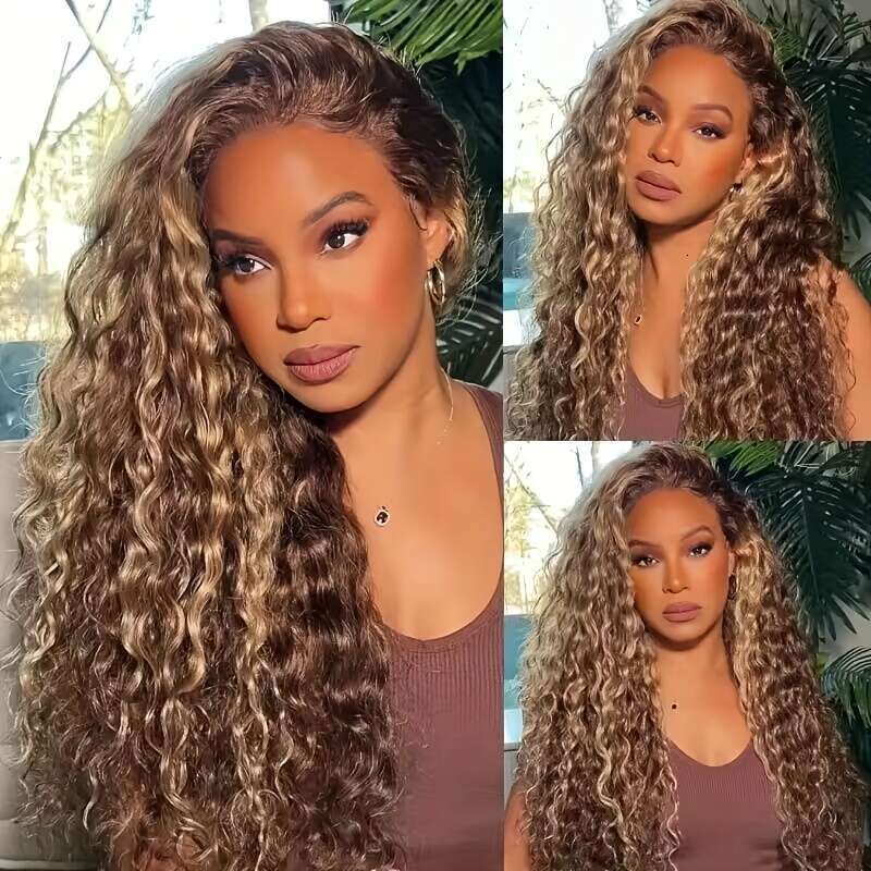 Highlight Water Wave Front Human Hair 13X4 Transparent Frontal Wig for Women Deep Curly Ombre Honey Blonde 4/27 Lace Wigs