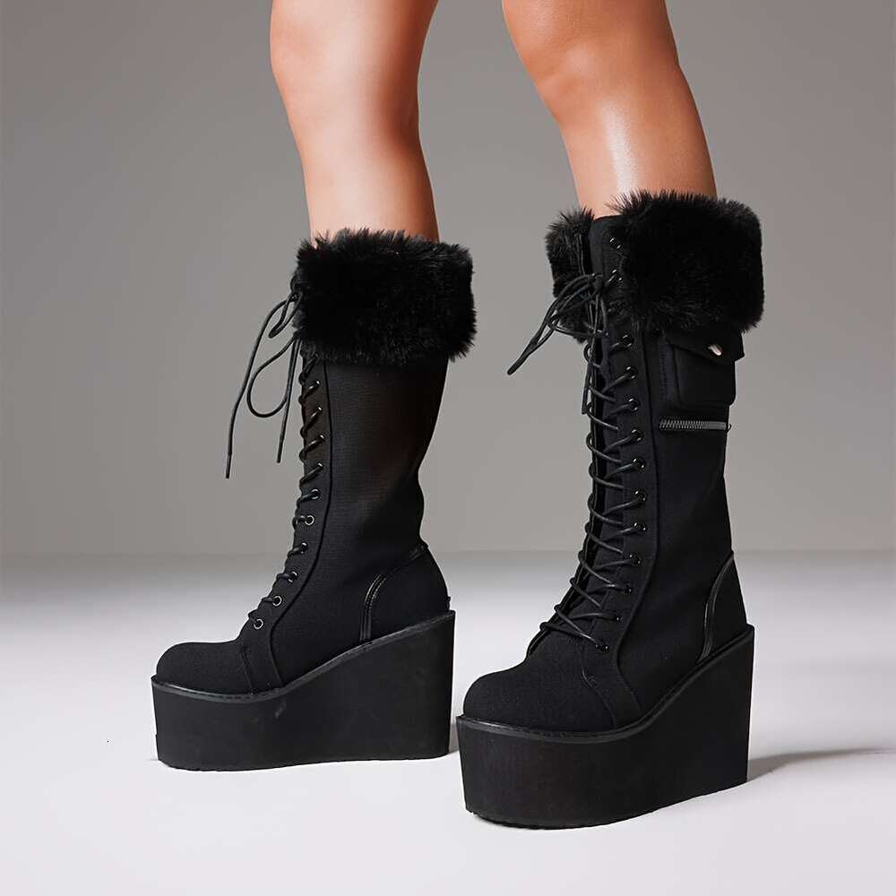 Goth Knee Fashion Wedges High Heels Lace-Up Boots, Women Round Toe Black Platform Combat Womens Lace Up Wedge Chunky Block Heel Punk Boots Gothic Moto