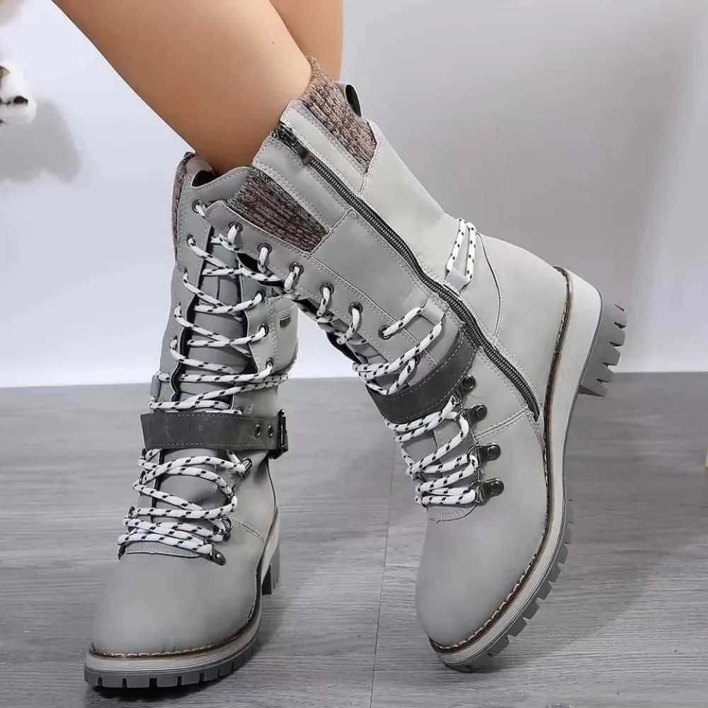 2024 Winter Outdoor Shoes for Women Side Zip Womens MidCalf Boots Square Heel Casual Womens Shoes Med Heel Ladies Boots W251024