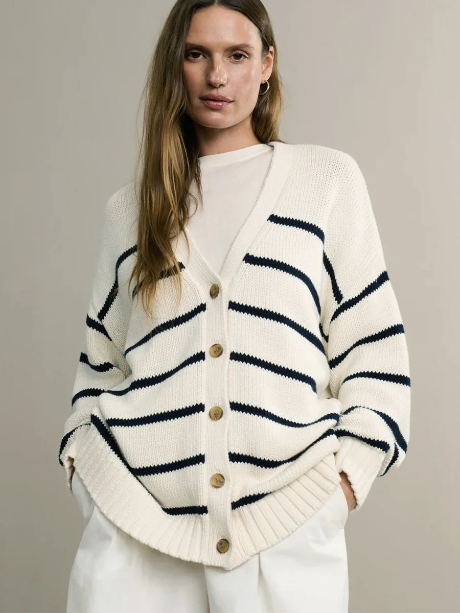 Bornladies Autumn Winter Womens Striped Knit Cardigan V Neck Cotton Thickened Warm Loose Fit Female Sweater Top 251013