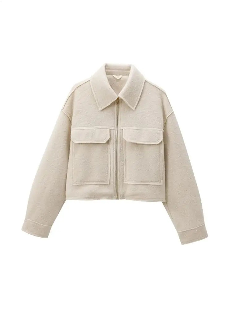 Cropped Jacket with Pockets for Women Long Sleeve Coat Front Zipper Female Outerwear Chic Tops Fashion 251018