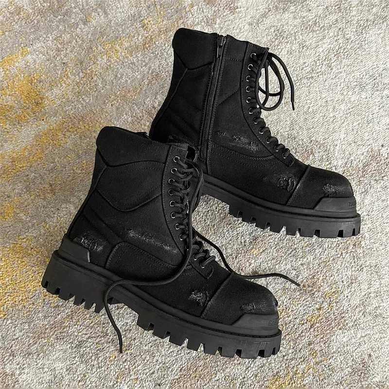 Autumn Winter Hightop Motorcycle Boots for Men Laceup Dotheold Thick Bottom Short Ankle Boots with Zipper Man Black Boots W251024