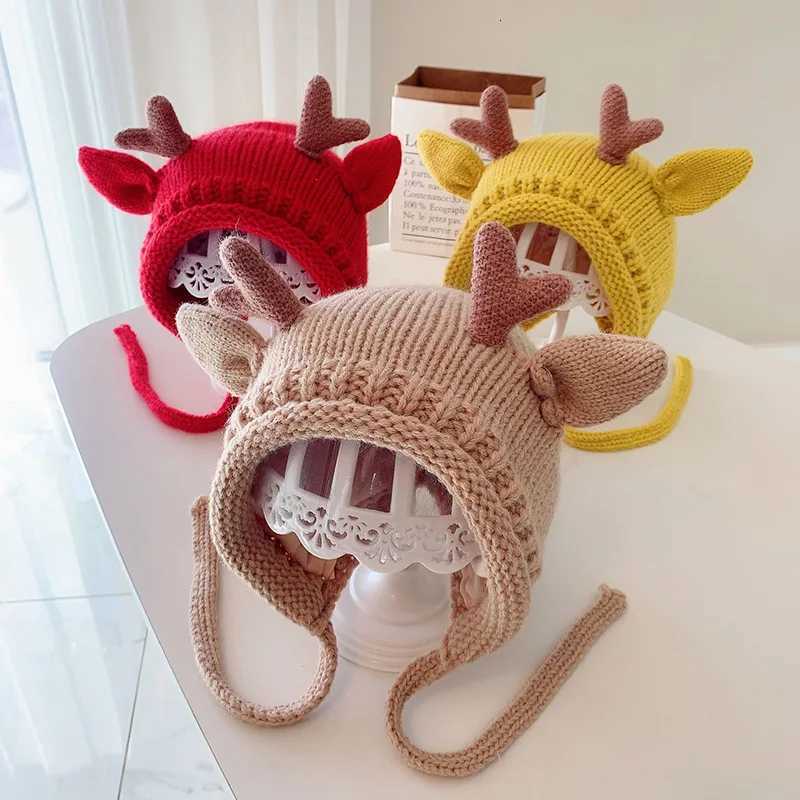 Cute Antler Baby Knitted Woolen Hat Winter Warm Infant Ear Protection Cap Cartoon Toddler Beanie 524M Kids Tie Headgear BonnetL251024