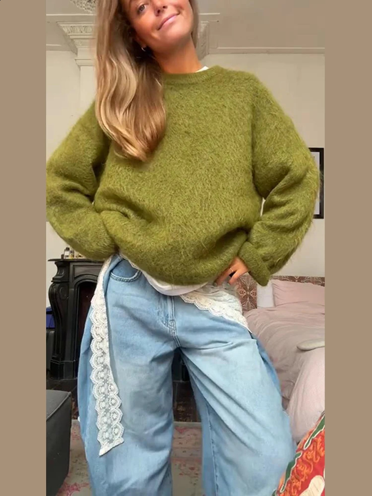 Casual Green Loose Sweaters Women Fashion Full Sleeve Knitted Oneck Soft Pullover Sweater Female Autumn Lady Outwears 251023