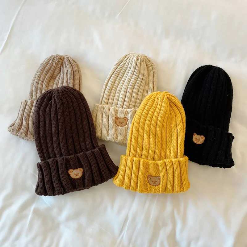 Cute Bear Baby Beanie Korean Toddler Knitted Hat Solid Color Winter Warm Woolen Crochet Bonnet 536 Months Boy Girl Skullies CapL251024