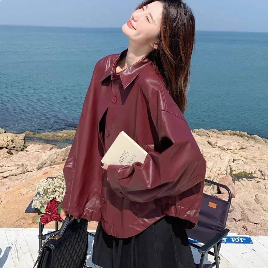 Red PU Leather Jacket Womens Short Casual Loose Vintage Coat Spring Style Small Size Top for plus Women 251018