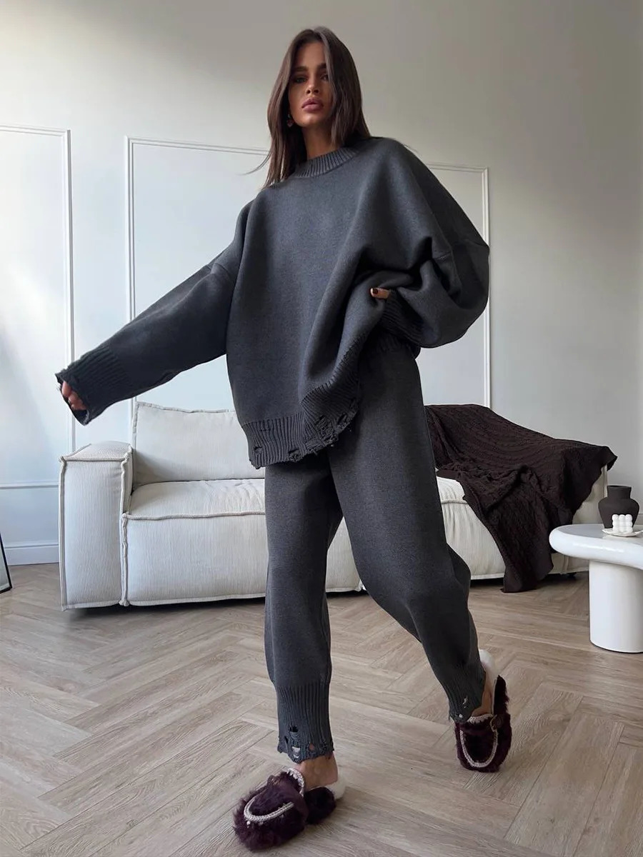 Bornladies Autumn Winter Womens Turtleneck Knit Sweater Skinny Knit Pants Set Soft Oversized Ripped Hem Fashion Pullover 251013