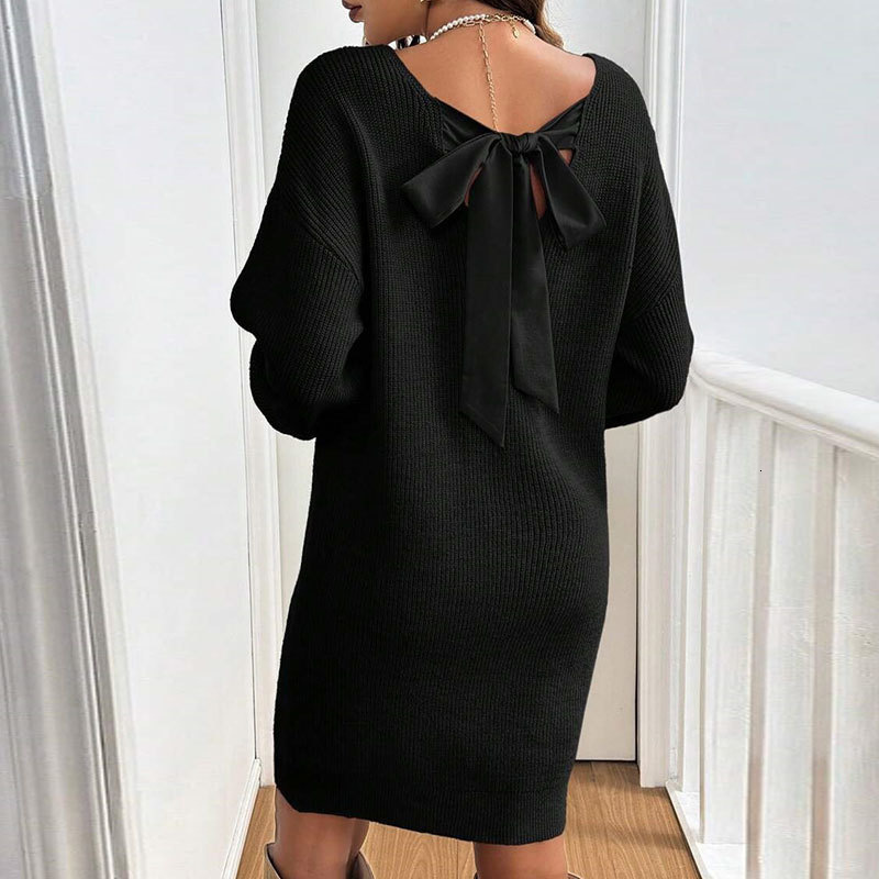 European and American autumn and winter new designer loose knit V-neck bow long sleeved multifunctional pullover women's dress