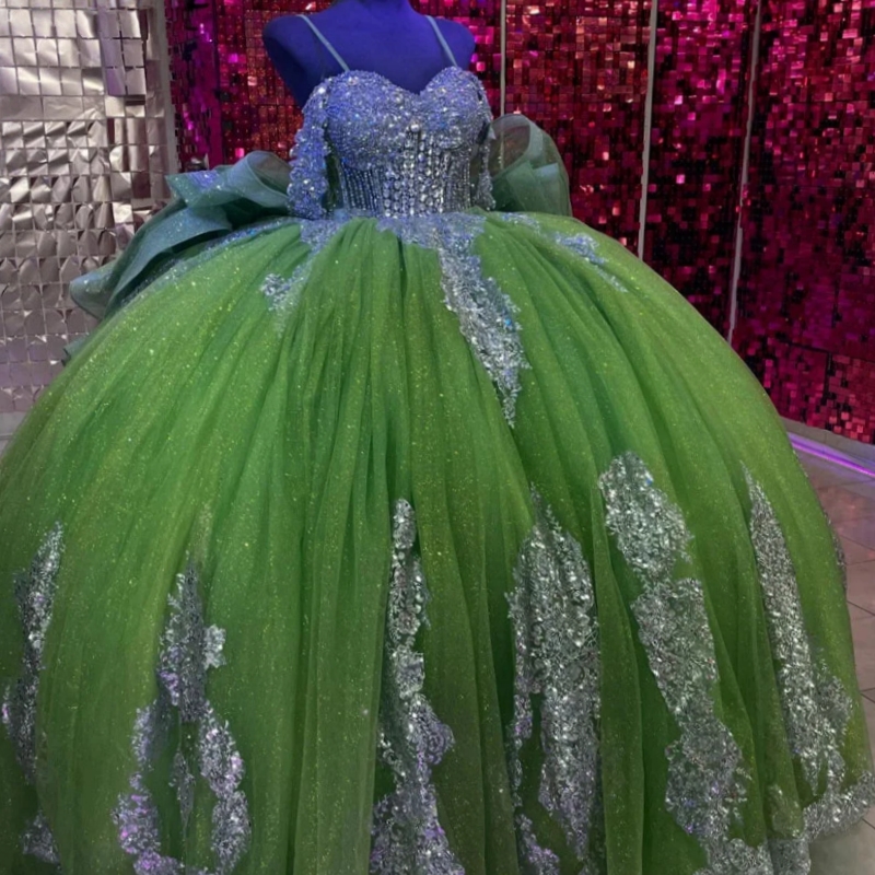 Green Shiny Off Shoulder Quinceanera Dresses Appliques Lace Beading Crystal Robe Quinceanera Rouge Sweet 16 Dress Vestidos 15 de anos