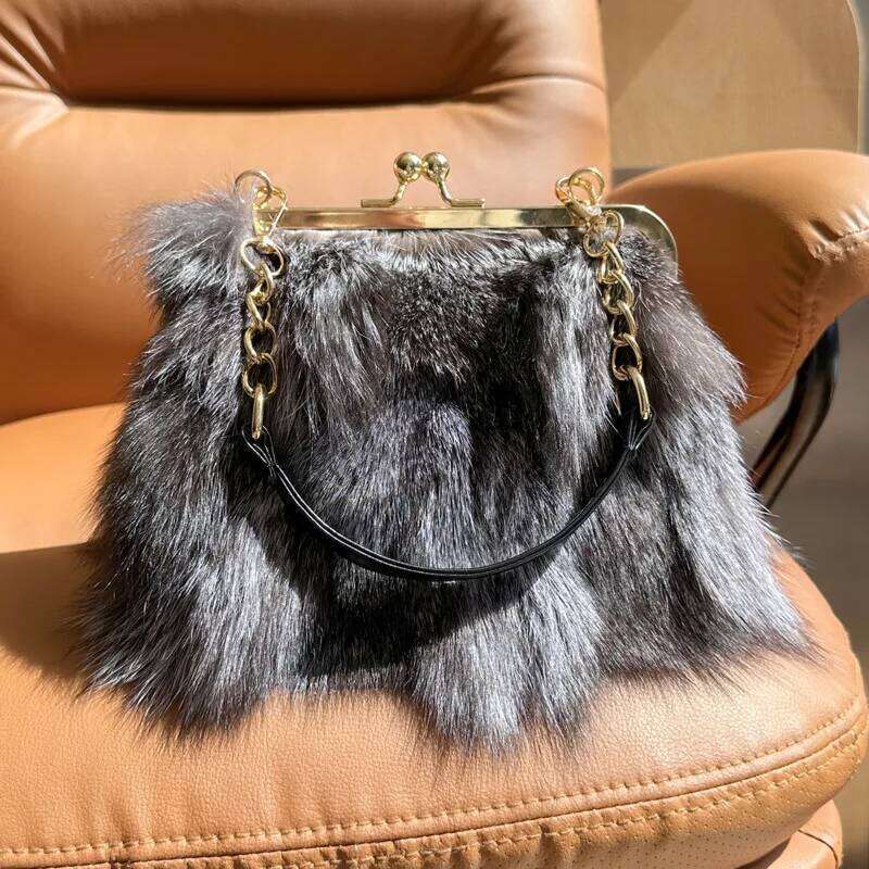 Real Winter Fashion Crossbody Fur Handbag Plush Chain Shoulder For Women Natural Sier Fox Bag