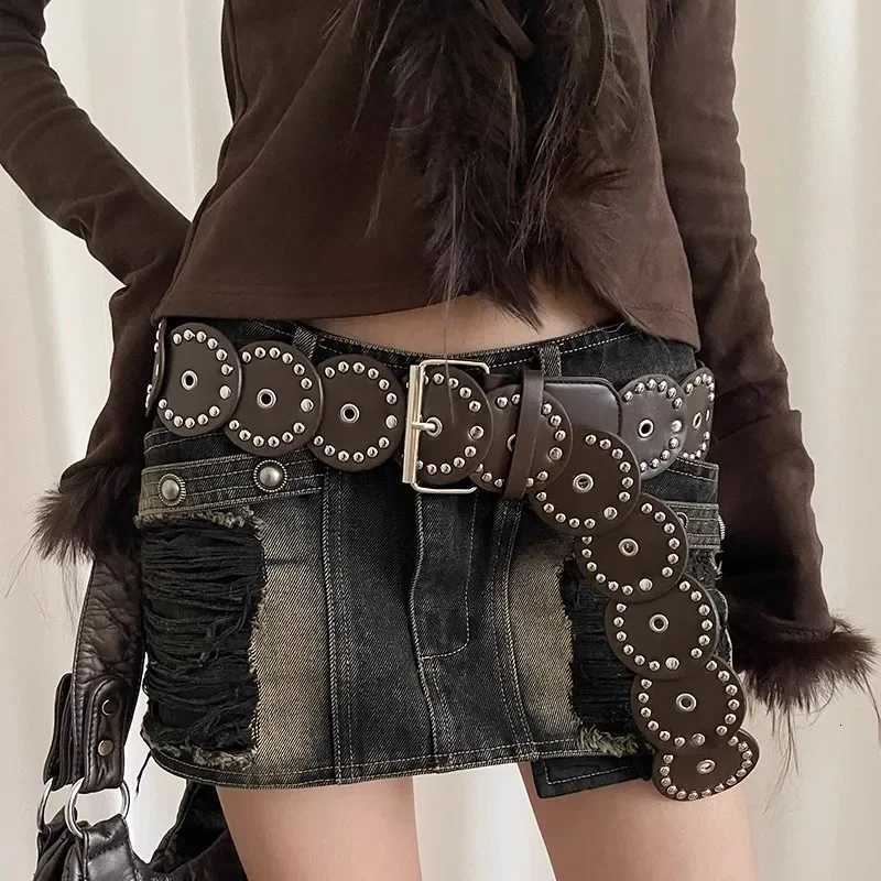 1pc New Needle Buckle Belt Round Rivet Stitching Waistband Fashionable Handsome Belt Heavy Round 58cm Wide Womens Waistband W251024