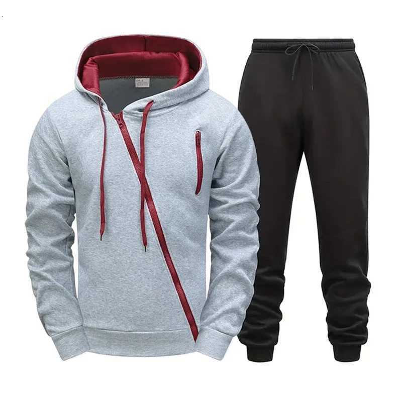 Mens Tracksuit Creative Diagonal Zipper Design Hoodie Sweatpants 2025 Autumn Winter Casual Sporty Motorcycle Hooded Coat OutfitT251024