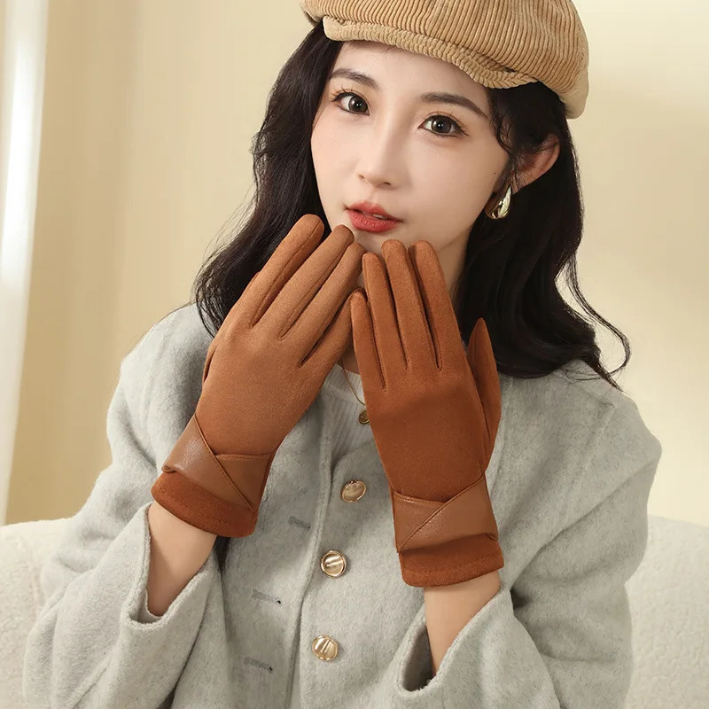 Elegant Temperament Womens Gloves Winter Keep Warm Touch Screen Suede Outdoor Windproof Drive Cycling All Match 251023