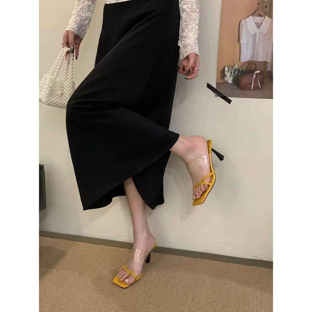 2025 Designer Shoe New Simple Versatile Strap Transparent Square Toe One-Strap Clip-Toe Thin High Heel Outdoor Sandals