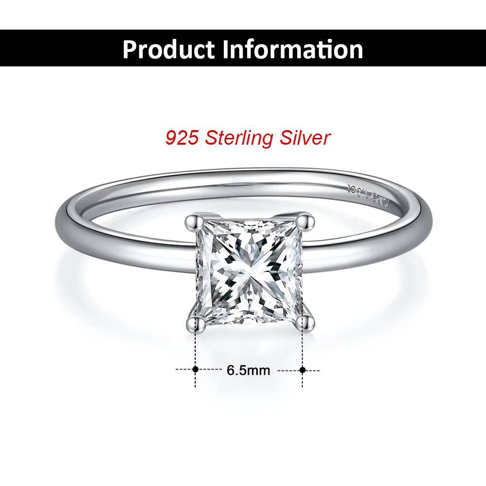 RINNTIN SMR57 Solid 925 Sterling Silver 1ct 55mm Princess Cut Moissanite Solitaire Engagement Rings for Women