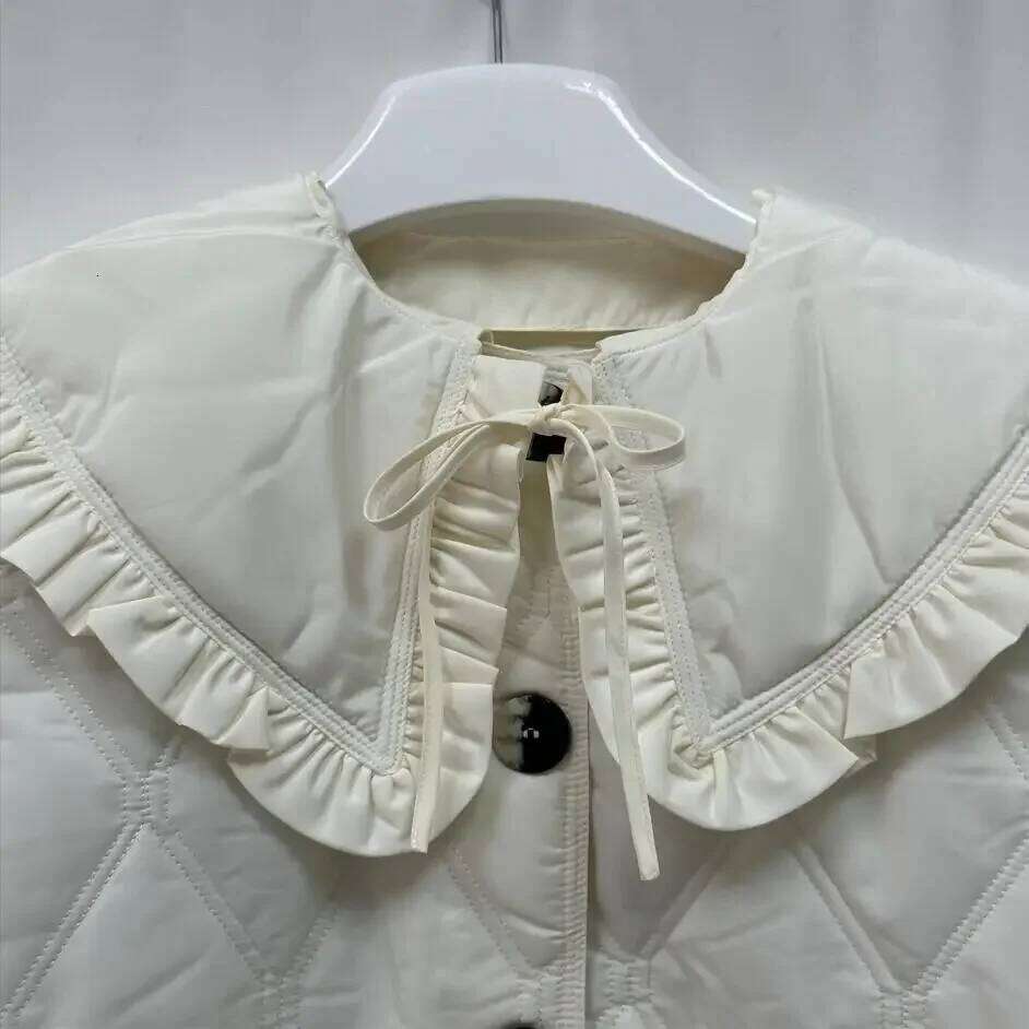 Clearance Price Women New Olive Color Detachable Ruffled Quilted Lapel Jacket Thin Cotton Coat