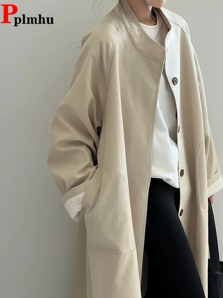 Baggy Stand Collar Trench Coat Elegant Womens Casual Loose Casaco Outerwear Korean Fashion Single Breasted Parkas Abrigos 251021