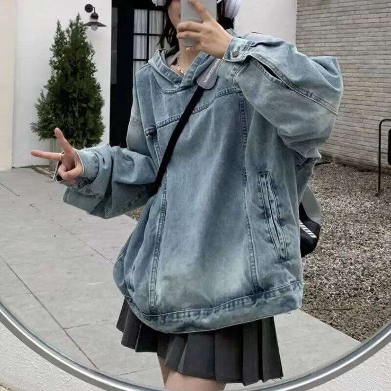 American Style Vintage Women's Denim Jacket Loose Fit Hooded Pullover Sweatshirt Trendy Spring Autumn Arrival