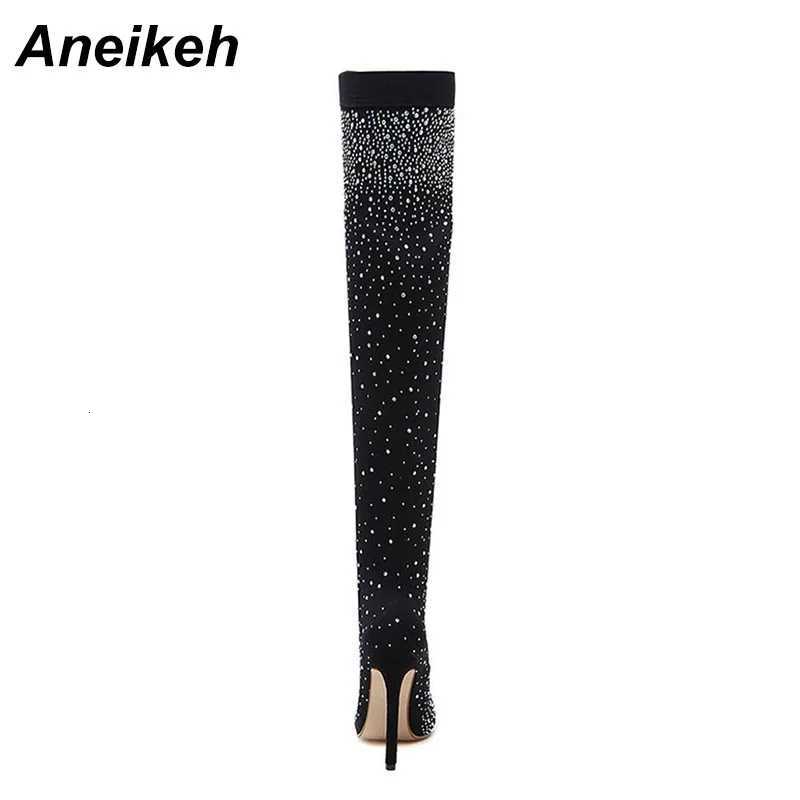 Aneikeh Sexy High Heels Sock OvertheKnee Boots Pointed Toe Design Crystal Rhinestone Stretch Fabric Pole Dancing Women Shoes W251024