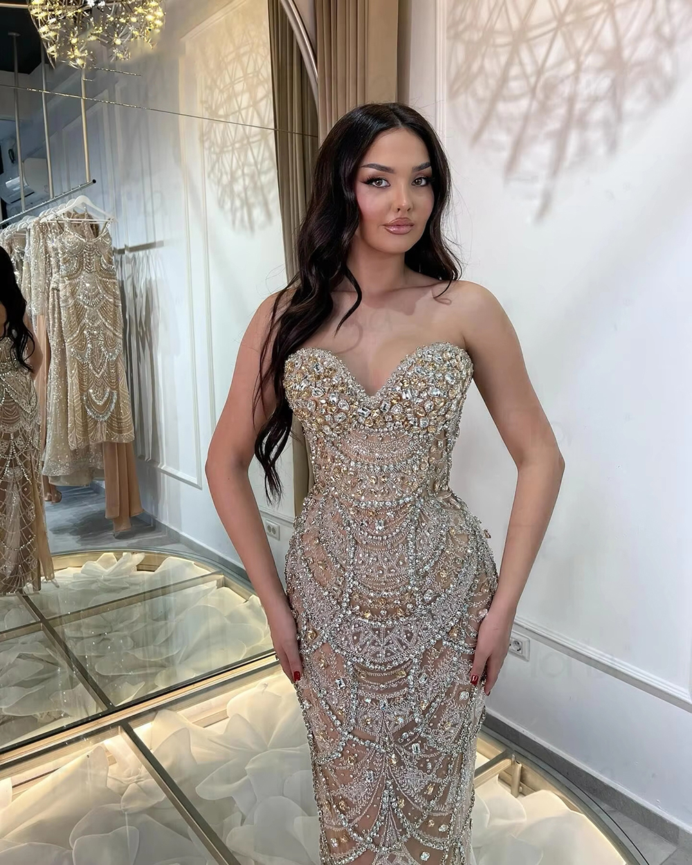 Luxury Evening Dresses Mermaid Sweetheart Rhinestones Prom Dresses Backless Celebrity Party Gown Customized Vestido De Novia